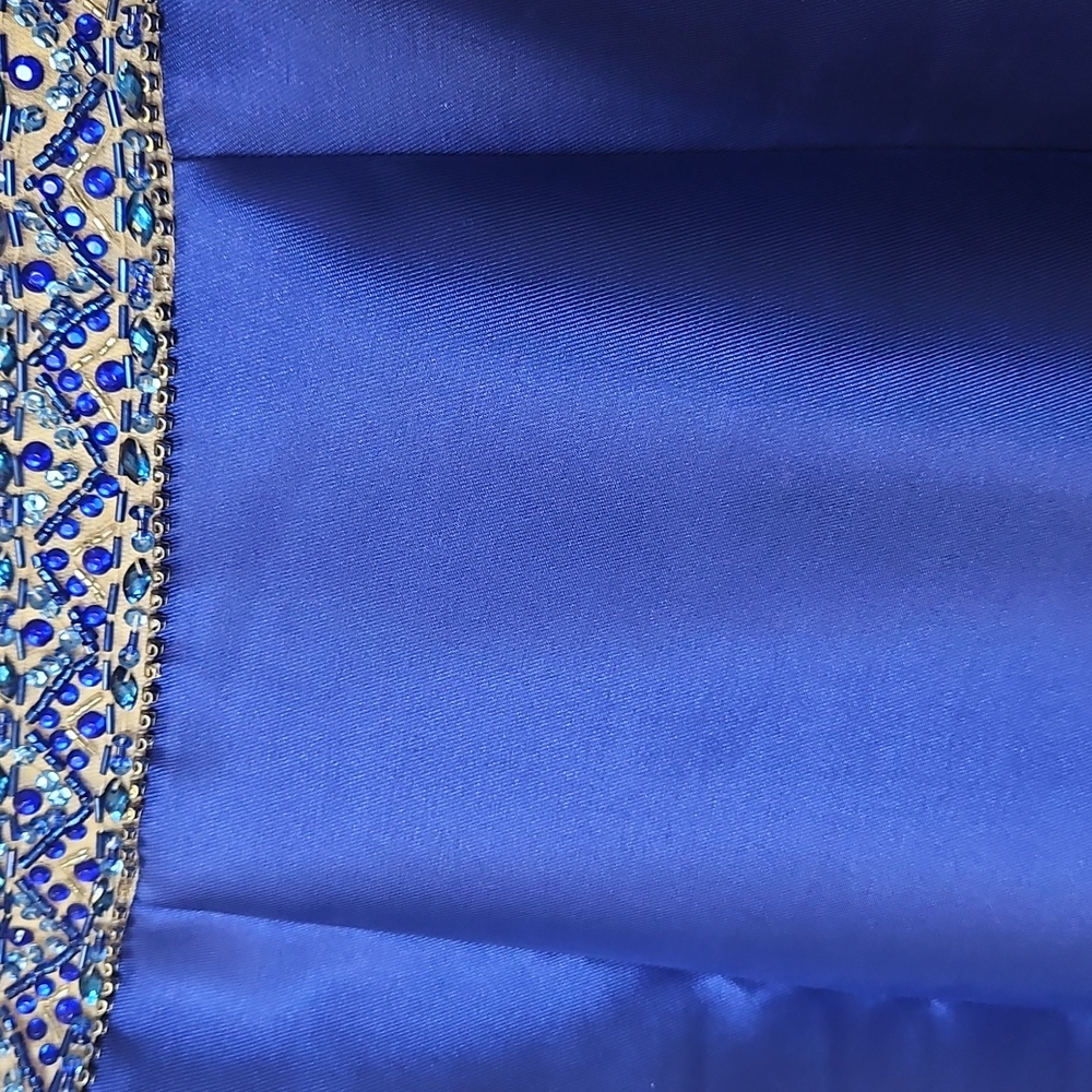 Size 4 royal blue prom/evening gown w/ cold shoulders & long sleeves, beaded top - Picture 8 of 16